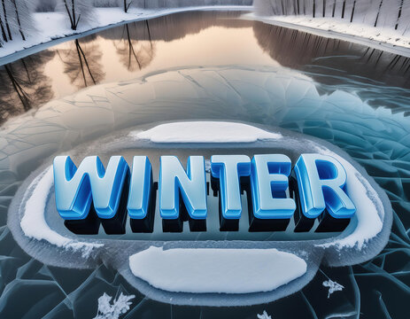 Winter is written in blue letters on a frozen lake surrounded by snowy trees