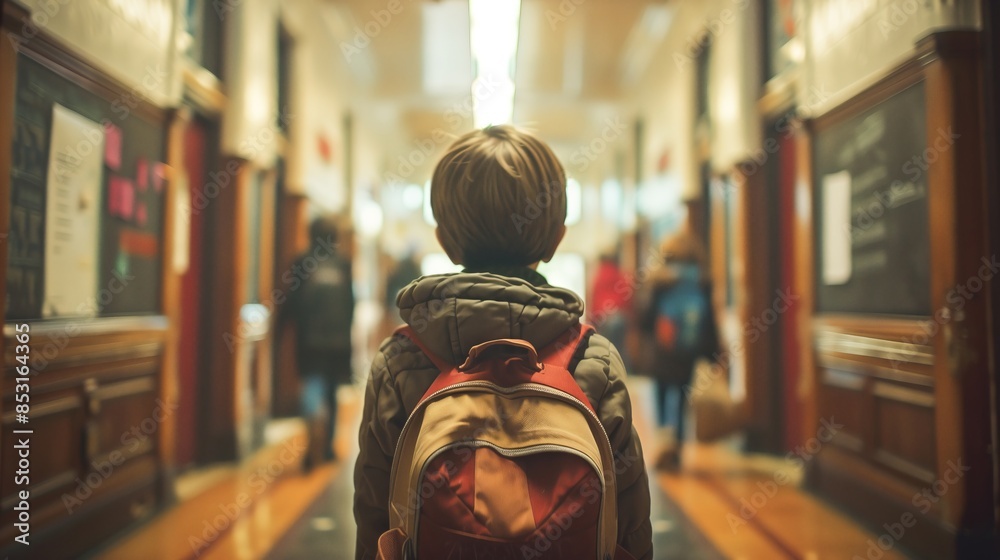 Back view of a child with a backpack, walking down a school corridor ...
