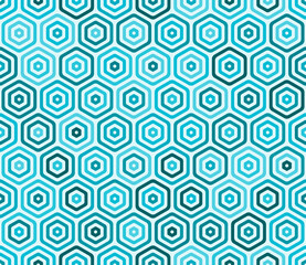 Poster - Seamless hexagon pattern with bold, rounded, stacked hexagon cells in cyan color tones. A tileable vector illustration.
