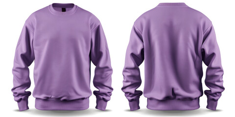 Wall Mural - A lavender sweatshirt shown from the front and back, isolated on a white background. The simple design with long sleeves and ribbed cuffs offers ample space for text or custom logos