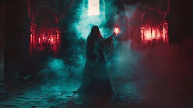 A mysterious witch casts spells in a smoky, candlelit room. She wears a gothic costume and holds a glowing crystal ball.