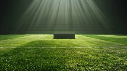 Wall Mural - A simple stage stands alone on a soccer field, bathed in light. An ideal place to showcase your product, with the endless green turf as its backdrop.