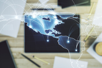 Poster - Double exposure of abstract digital world map with connections and modern digital tablet on background, big data and blockchain concept