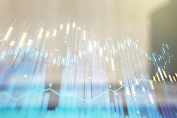 Poster - Double exposure of abstract creative financial chart hologram on modern business center exterior background, research and strategy concept