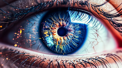 Wall Mural - A close up of a person's eye with a blue iris and a yellowish tint.