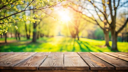 Wall Mural - Spring summer beautiful nature background with blurred park trees in sunlight and empty wooden table