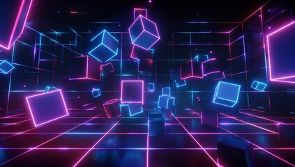 Fototapete - A dark background with neon grid lines and floating geometric shapes, creating an immersive virtual space for a VR video game interface.