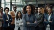 © MD Media - A diverse group of businesspeople stand together, smiling and looking confident in an office setting. business professionals stands confidently with arms crossed, showcasing collaboration and success