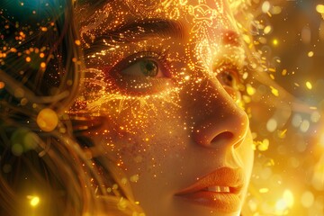 Wall Mural - Divine woman face illuminated constellation golden light, symbolizing chakras and sacred universe