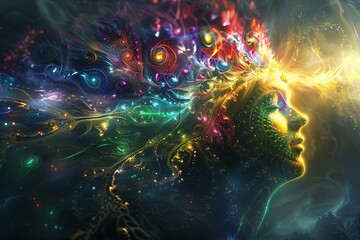 Wall Mural - Ethereal illustration of woman profile, silhouette radiating color and light, symbolizing chakras