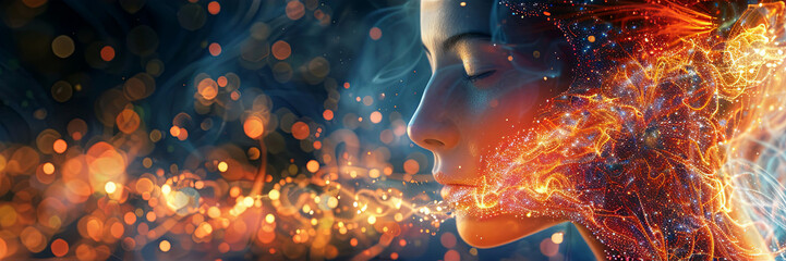 Wall Mural - Digital artwork beautiful woman face, glowing chakras, celestial light, sacred universe space