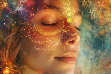 Wall Mural - Spiritual art woman face adorned with intricate chakras, celestial and sacred universe space
