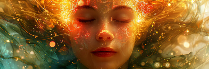 serene depiction woman face, illuminated radiant celestial aura, chakras mystical sacred universe