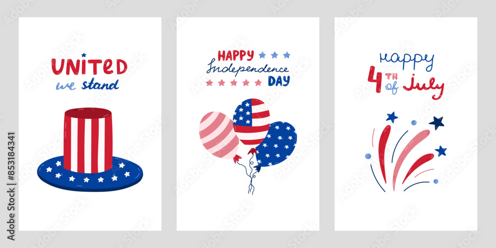 USA Independence day set of posters with hand drawn lettering and ...