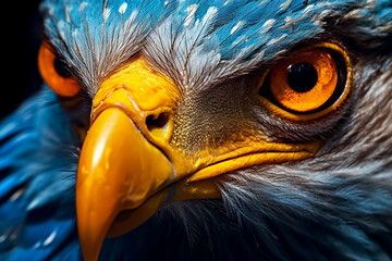 Wall Mural - A close-up of an eagle's face with a long, curved beak and a red and blue eye