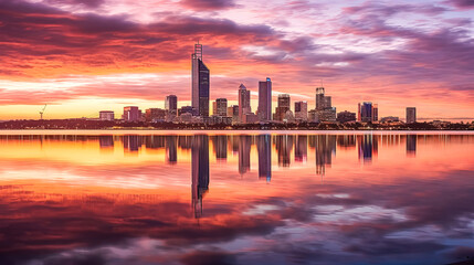 Wall Mural - A city skyline is reflected in the water at sunset.