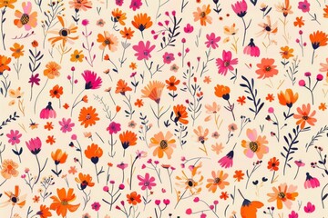 Wall Mural - Floral elegance vibrant orange and pink pattern on beige background with black and white flowers for fashion and beauty design