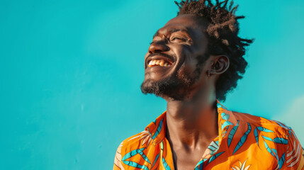 Wall Mural - Happy Brazilian man in a bright shirt posing on a blue background. Young African American man having fun indoors. Lifestyle.