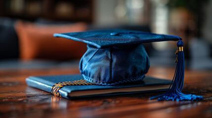 Wall Mural - Close-up of a Blue Graduation Cap and Rolled Diploma on Textured Surface