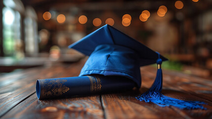 Wall Mural - Close-up of a Blue Graduation Cap and Rolled Diploma on Textured Surface