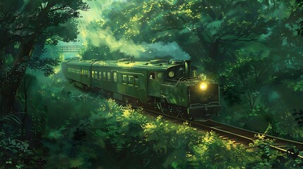 A steam train travels through a lush, green forest. The train is lit by the sun, and the steam from the engine creates a magical atmosphere.