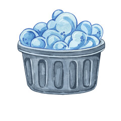 Grey plastic laundry washing bucket with blue foam. Household Cleaning utensil watercolor illustration. Clipart for housekeeping, janitorial services, sticker, flyer, spring cleaning and posters