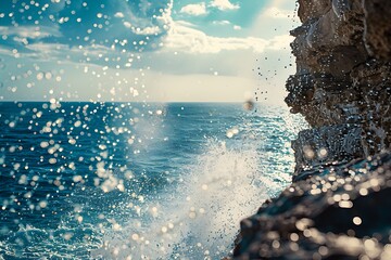 Wall Mural - A cliffside view of the ocean, with waves crashing and spraying droplets into the air