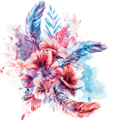 Wall Mural - beautiful bouquet of feathers and flowers in pink, red, and turquoise colors on a white background. The illustration 