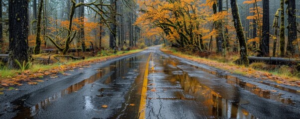 Wall Mural - Wet Road Through Autumnal Forest in the Pacific Northwest