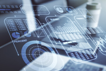 Poster - Double exposure of abstract creative statistics data hologram on laptop background, statistics and analytics concept