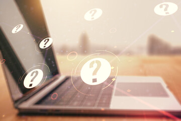 Aufkleber - Creative abstract question mark sketch on modern laptop background, FAQ and research concept. Double exposure