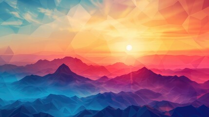 Abstract background landscape with mountain with vibrant sunset view. Colorful sunset over a mountain range. Colors range from deep blue in lighter shades of blue and purple further back. AIG42.