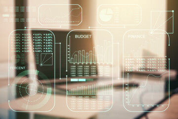 Poster - Double exposure of abstract creative statistics data hologram on laptop background, statistics and analytics concept
