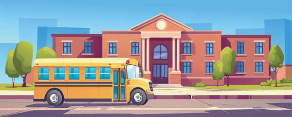 School cityscape with yellow bus background banner for game design. Highschool exterior building with entrance and windows, students transport at city street with trees. Vector cartoon illustration