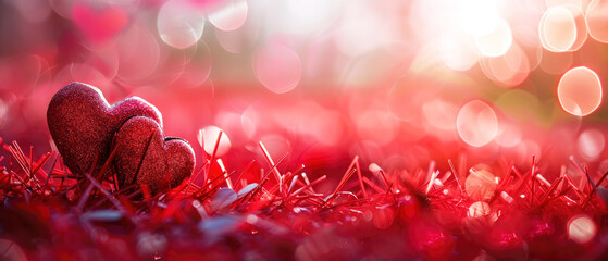 Wall Mural - Happy Valentine's Day wedding birthday background  greeting card love - Red hearts on red meadow bokeh background