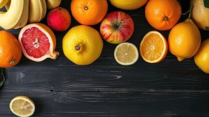 Poster - Fruits like lemons apples bananas and tangerines arranged on a black wooden table