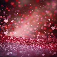 A Valentine's Day background with red glitter and pink hearts