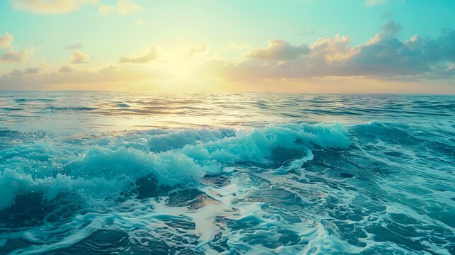 A beautiful ocean scene with waves and sun.