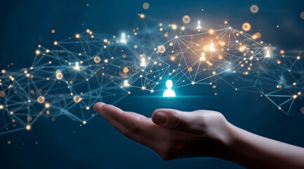 Aufkleber - A hand holds a holographic network of interconnected people icons, symbolizing digital connectivity and social networking on a dark blue background with light effects.