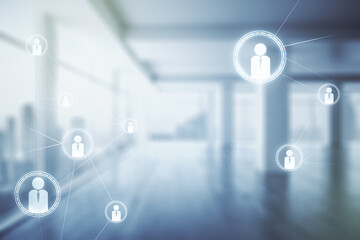 Aufkleber - Double exposure of social network icons hologram on empty room interior background. Networking concept