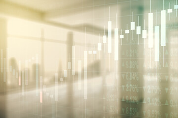 Poster - Multi exposure of virtual abstract financial graph interface on modern interior background, financial and trading concept