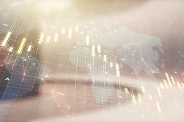 Poster - Double exposure of abstract creative financial diagram and world map on empty room interior background, banking and accounting concept