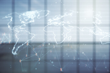 Aufkleber - Double exposure of abstract digital world map hologram on empty room interior background, big data and blockchain concept