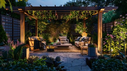 elegant garden with a pergola, comfortable seating, and soft lighting for evening relaxation