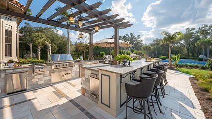 Wall Mural - elegant outdoor kitchen with a large island, built-in grill, and a pergola providing shade