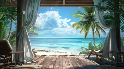 Wall Mural - Landscape of beach. Tropical panorama, luxury water bungalow villa resort. Luxury travel destination background for summer holiday and vacation concept. High quality AI generated image