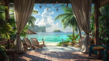 Wall Mural - Landscape of beach. Tropical panorama, luxury water bungalow villa resort. Luxury travel destination background for summer holiday and vacation concept. High quality AI generated image