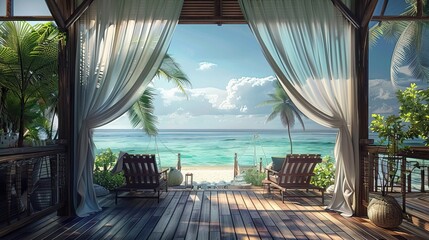 Wall Mural - Landscape of beach. Tropical panorama, luxury water bungalow villa resort. Luxury travel destination background for summer holiday and vacation concept. High quality AI generated image