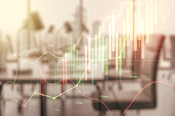 Poster - Multi exposure of virtual creative financial chart hologram on modern corporate office background, research and analytics concept