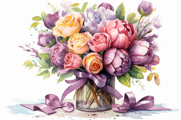 Wall Mural - A bouquet of flowers with a purple ribbon and a book in the background.